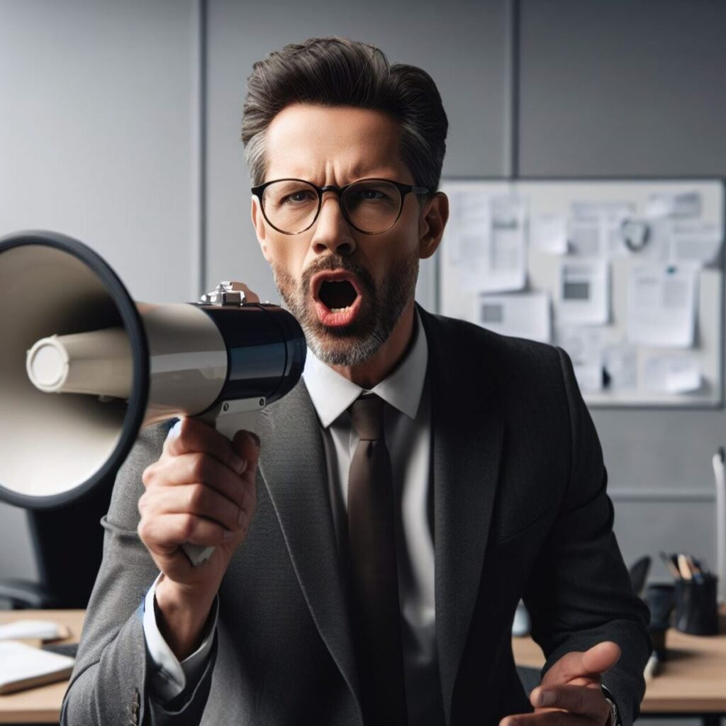angry, frustrated, stress, stressful, headache, deadline, frustration, marketing, department, boss, business, company, manager, team, ceo, shouting, shout, megaphone, office, management, ai generated