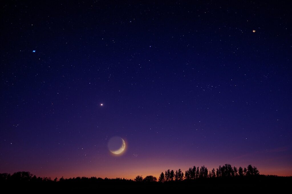 heaven, stars, moon, venus, universe, night, night sky, nature, trees