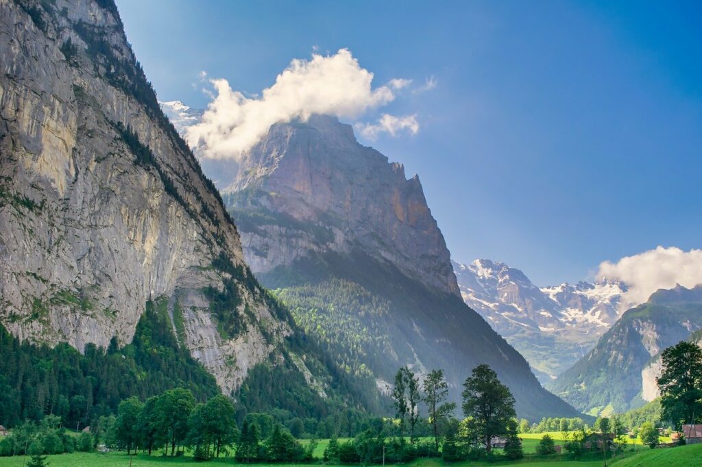 mountains, valley, switzerland, meadow, sky, clouds, snow, trees, nature, summer, hiking, tourist attraction, scenery, lauterbrunnen, europe, travel, outdoor, green, picturesque, peace