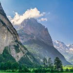mountains, valley, switzerland, meadow, sky, clouds, snow, trees, nature, summer, hiking, tourist attraction, scenery, lauterbrunnen, europe, travel, outdoor, green, picturesque, peace