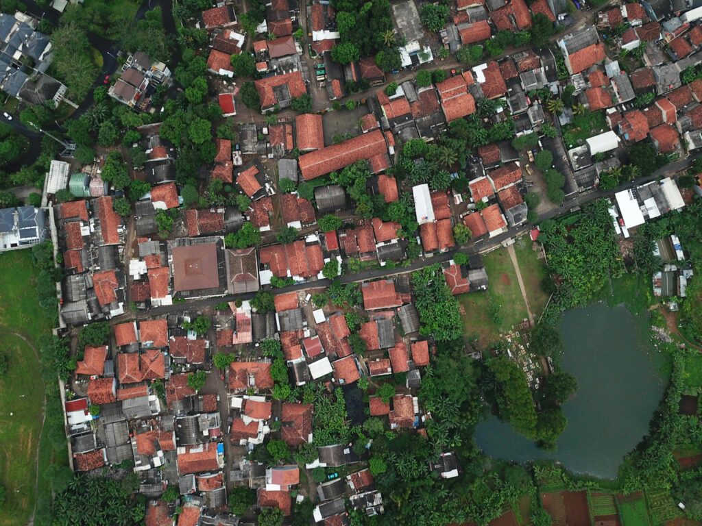A top-down view of rooftops and greenery in Serpong, Banten, Indonesia.