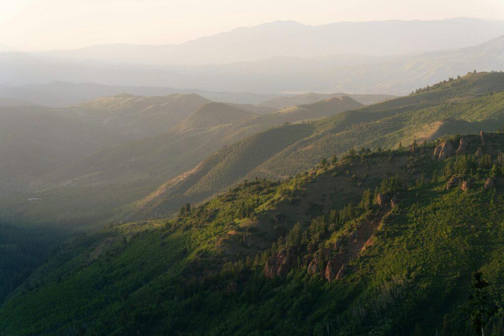 A serene landscape of the Wasatch Mountains with lush greenery and distant peaks in Utah.