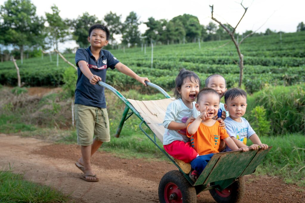 Five children having fun on a wheelbarrow ride in a rural field, enjoying the outdoors.
