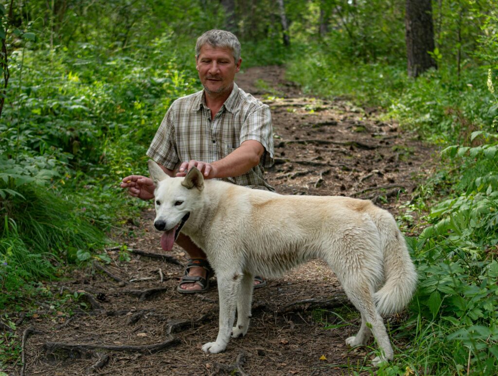 A man with a white dog on a forest path, surrounded by greenery in summer.