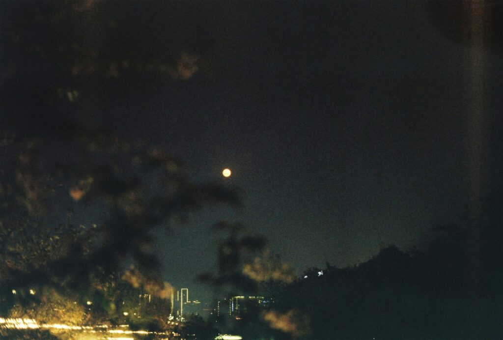 A city skyline under a full moon with a dark sky and urban silhouette.