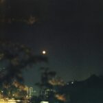 A city skyline under a full moon with a dark sky and urban silhouette.