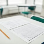 Close-up of exam papers and a pencil on a classroom desk, ready for a test.