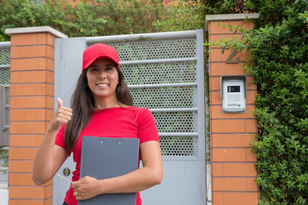 Smiling female courier giving a thumbs up in front of a residential gate, holding a clipboard.