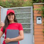 Smiling female courier giving a thumbs up in front of a residential gate, holding a clipboard.