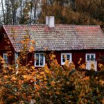 Red wooden cabin surrounded by vibrant autumn leaves in a rural countryside setting.