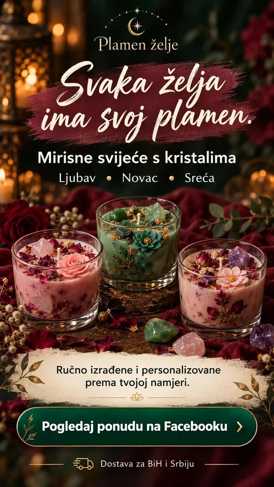 Plamen želje — ručno izrađene mirisne svijeće s kristalima. Pogledaj ponudu na Facebooku.